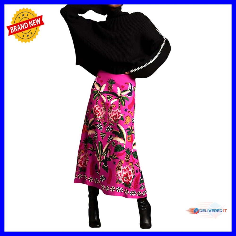 Midi Skirt Tropical Print Zipper A-Line Long Satin Chic Casual Wear